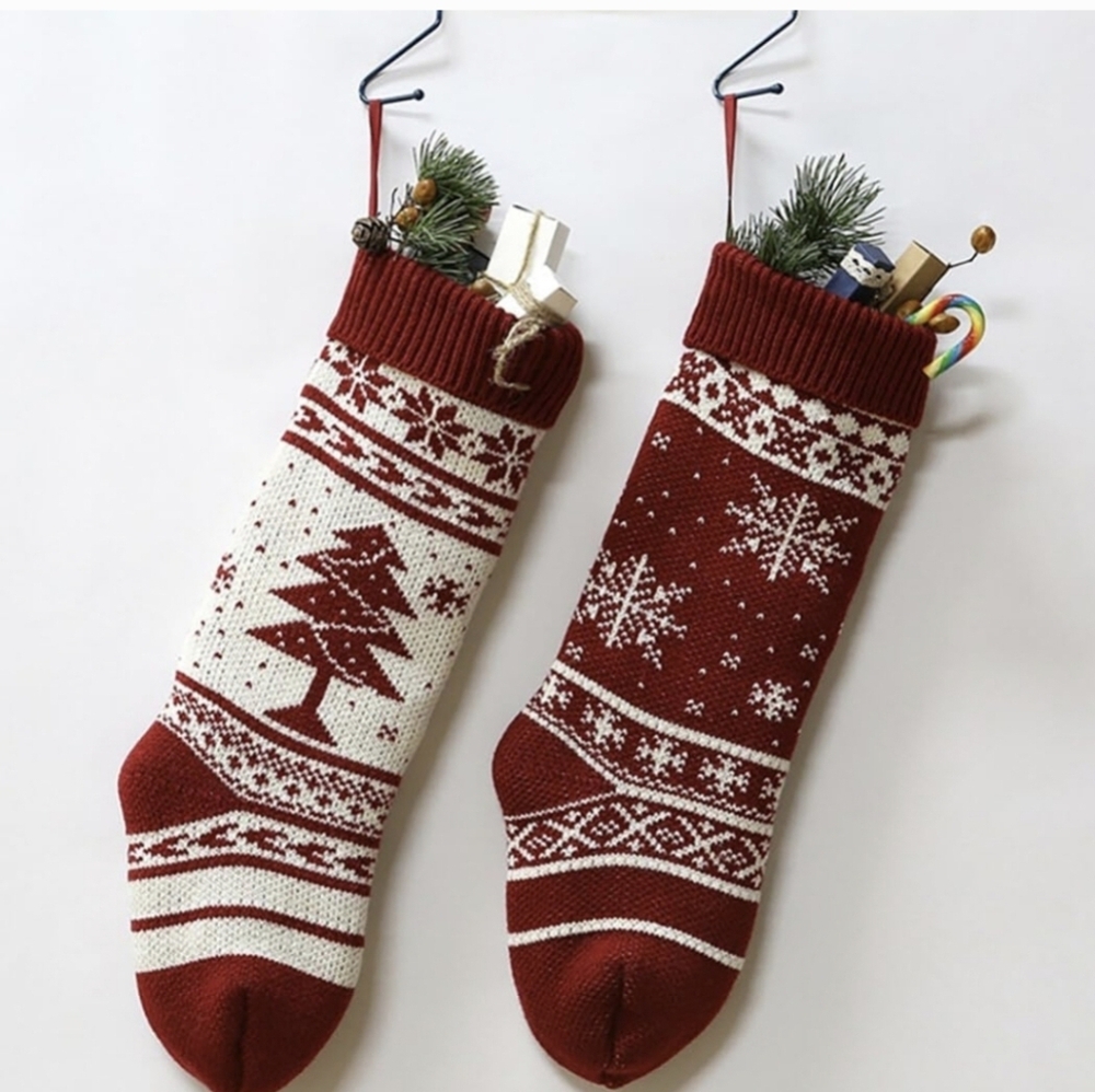 Lot of 2, Burgundy Knit Snowflake and Tree Christmas Stockings Size 18”